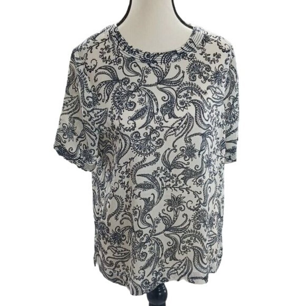 Vince Camuto Blouse Black White Paisley Lightweight Short Sleeve Womens Size S